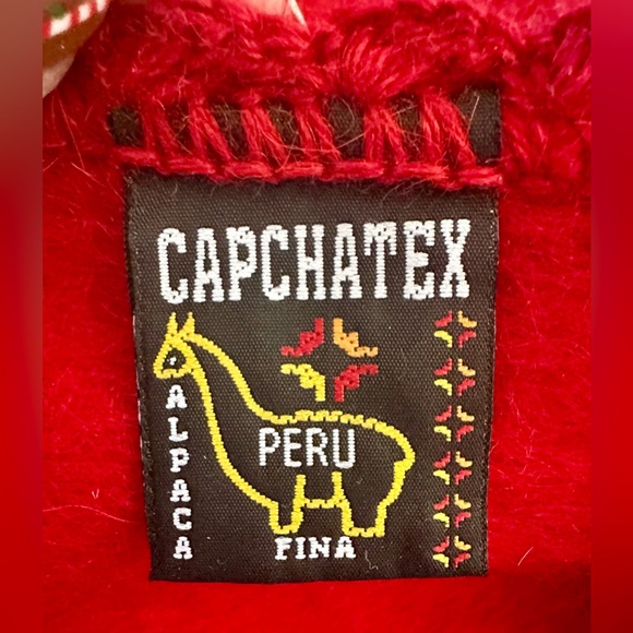 BABY ALPACA RED WOOL PONCHO HANDWOVEN CROCHET HEM & FRINGE ALL SEASONS ONE SIZE - Picture 6 of 7